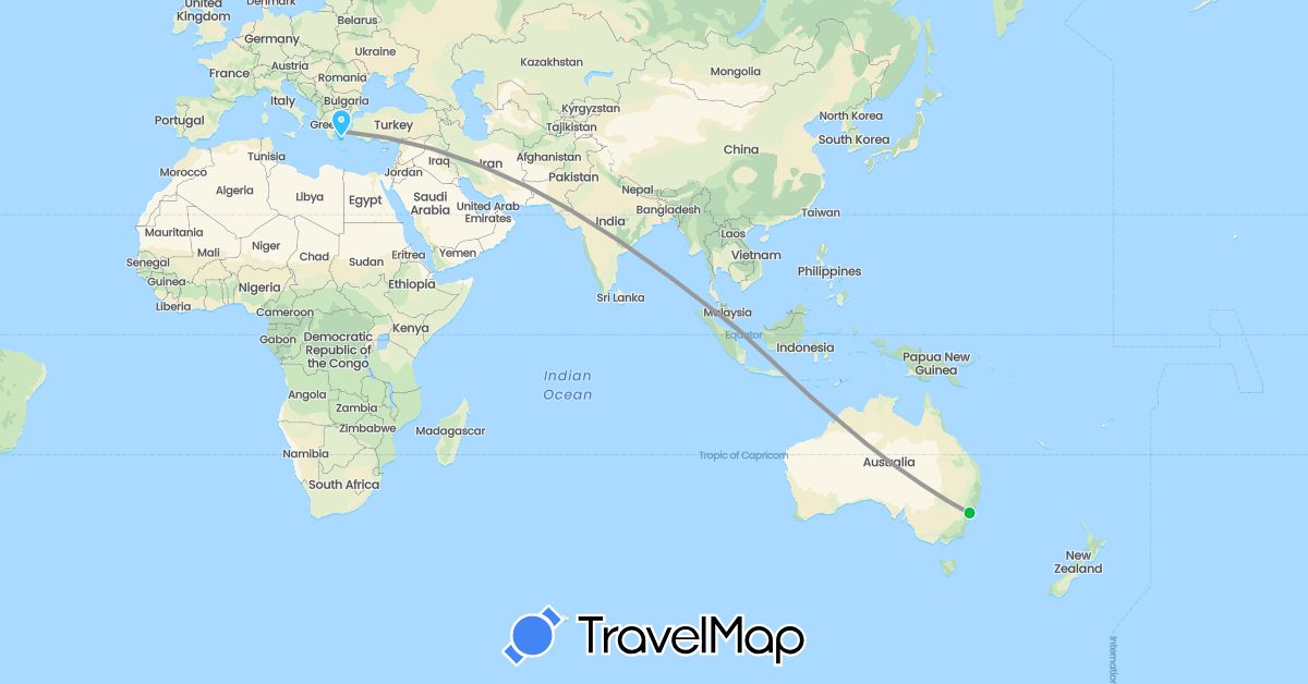 TravelMap itinerary: driving, bus, plane, hiking, boat in Australia, Greece, Singapore (Asia, Europe, Oceania)